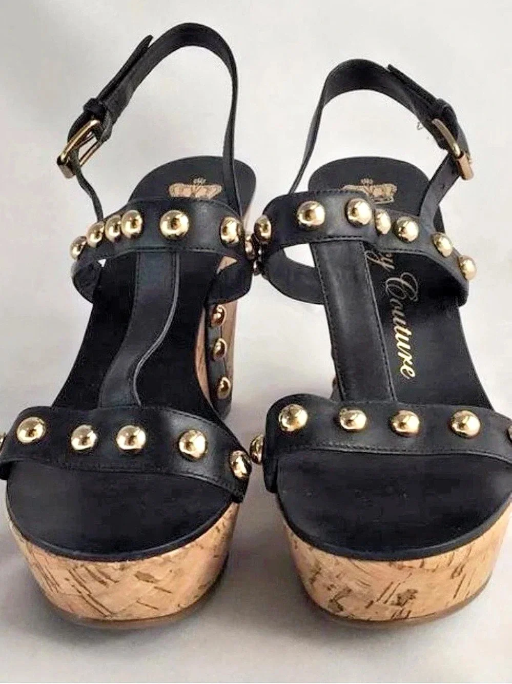 Juicy Couture Kipper Studded Cork Wedge Sandals platforms Black size 9